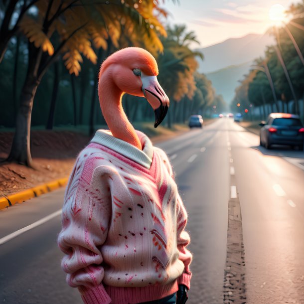 Pic of a flamingo in a sweater on the road