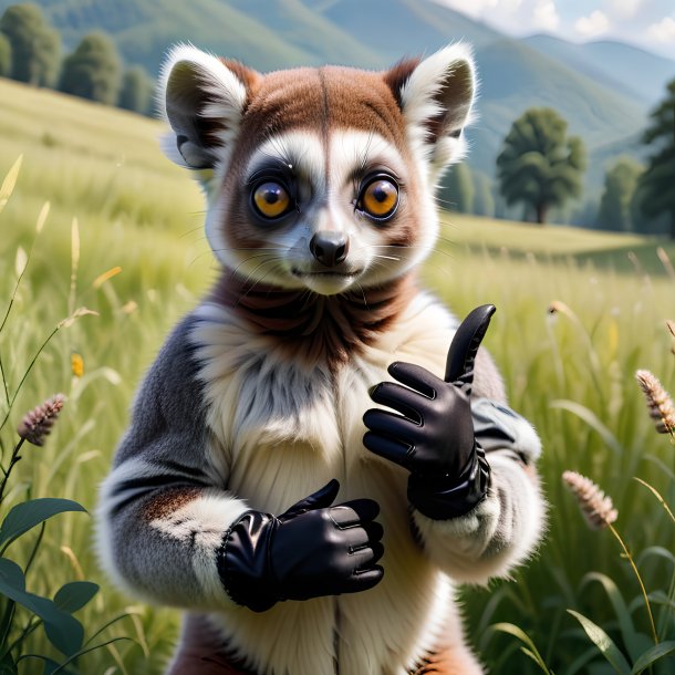 Photo of a lemur in a gloves in the meadow