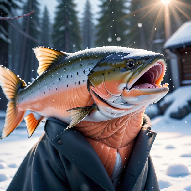 Foto de un salmón en un abrigo en la nieve