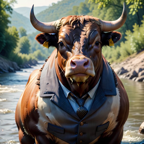 Foto de un toro en un chaleco en el río