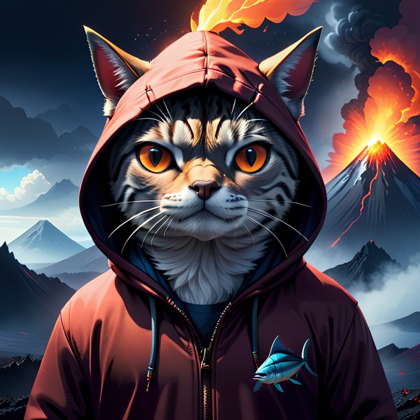 Illustration of a tuna in a hoodie in the volcano