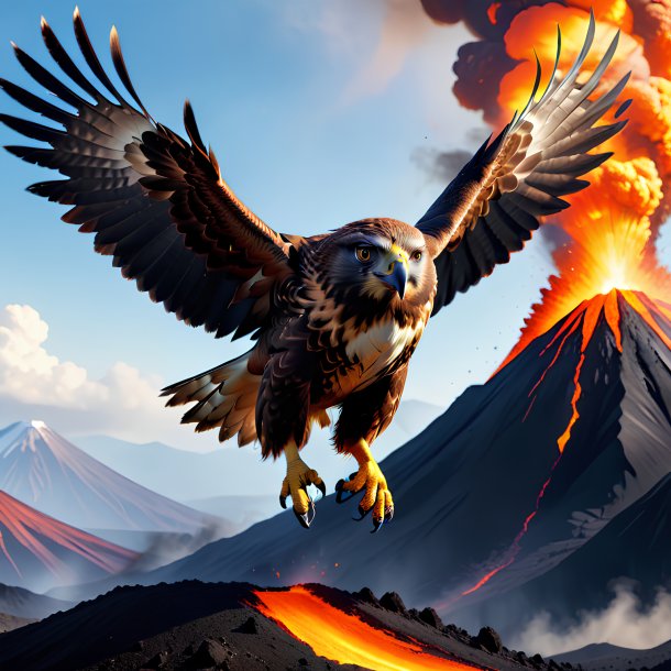 Picture of a jumping of a hawk in the volcano