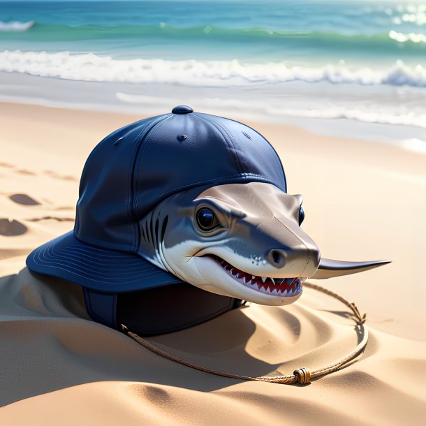 Drawing of a hammerhead shark in a cap on the beach