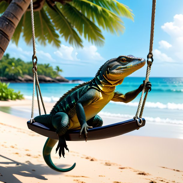 Pic d'une balançoire sur une balançoire d'un lézard moniteur sur la plage