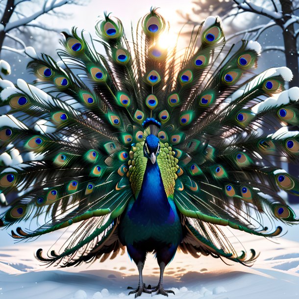 Foto de un juego de un pavo real en la nieve