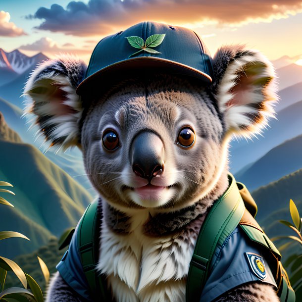 Photo of a koala in a cap in the mountains