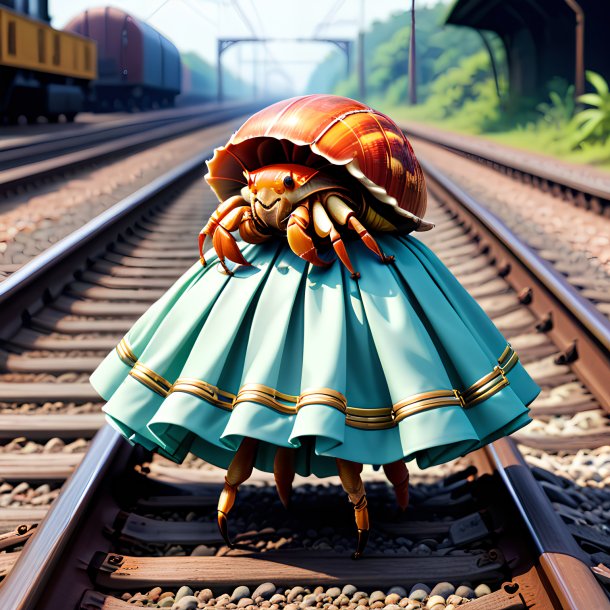 Illustration of a hermit crab in a skirt on the railway tracks