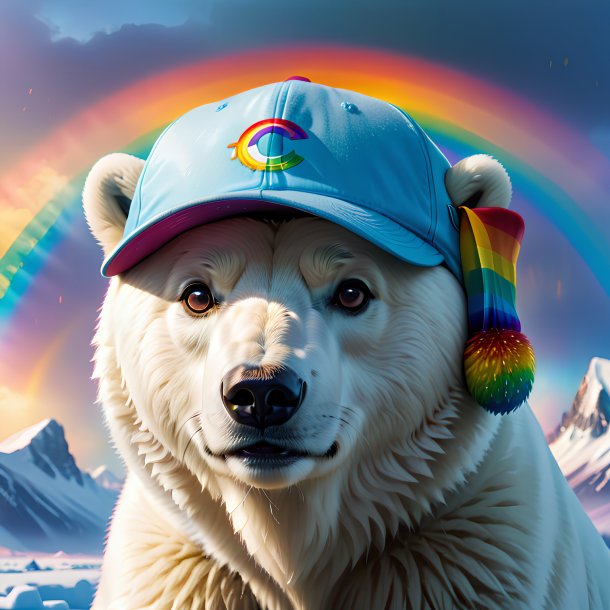 Picture of a polar bear in a cap on the rainbow