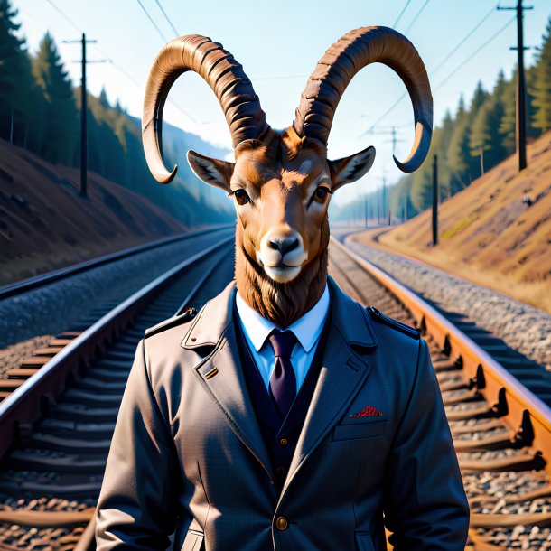 Image of a ibex in a jacket on the railway tracks