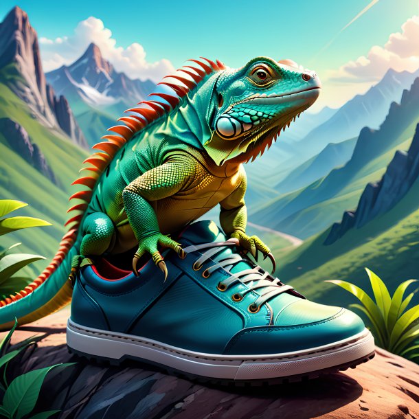 Illustration of a iguana in a shoes in the mountains