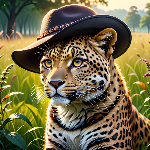 Drawing of a leopard in a hat in the meadow