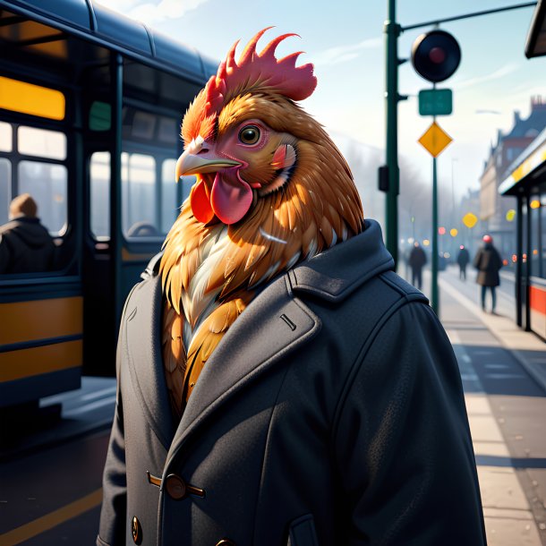 Illustration of a hen in a coat on the bus stop