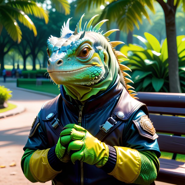 Imagen de una iguana en guantes en el parque