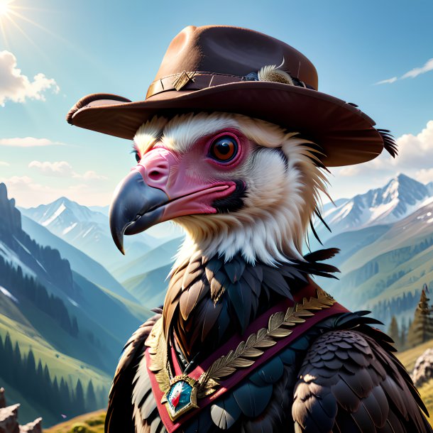 Image of a vulture in a hat in the mountains