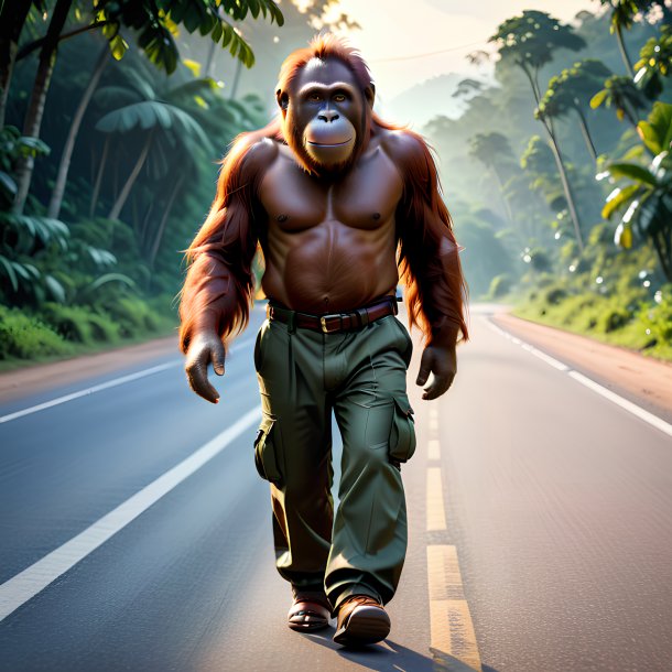 Picture of a orangutan in a trousers on the road