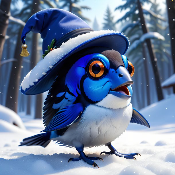 Image of a blue tang in a hat in the snow