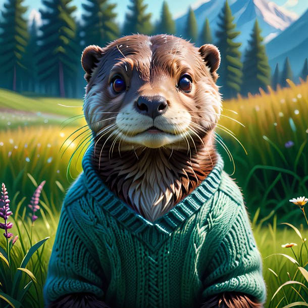 Dessin d'une loutre dans un pull dans la prairie