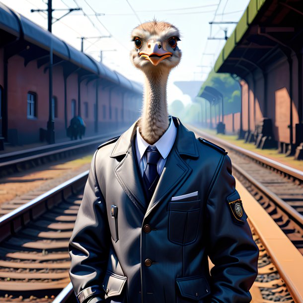 Drawing of a ostrich in a jacket on the railway tracks