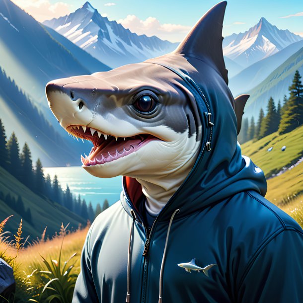 Drawing of a hammerhead shark in a hoodie in the mountains