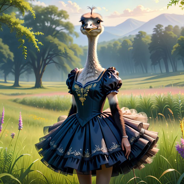 Drawing of a ostrich in a dress in the meadow