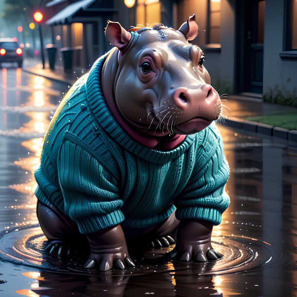 Drawing of a hippopotamus in a sweater in the puddle