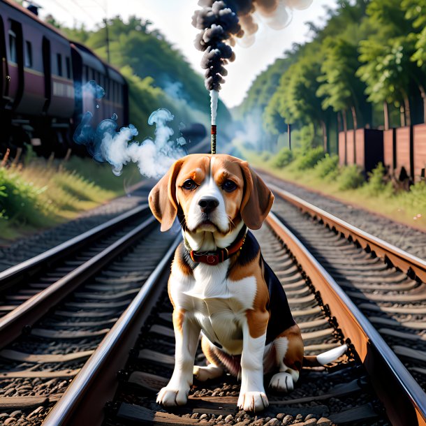 Foto de un fumar de un beagle en las vías del tren