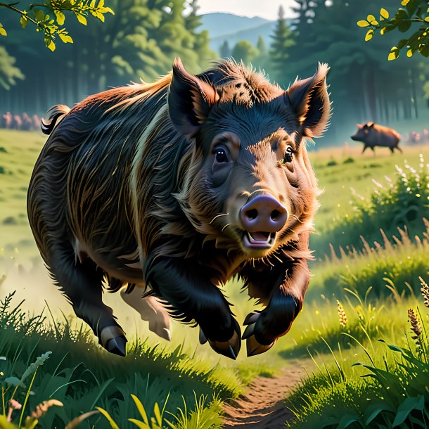 Photo of a jumping of a boar in the meadow