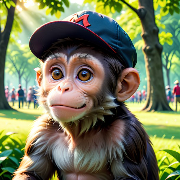 Image of a monkey in a cap in the park