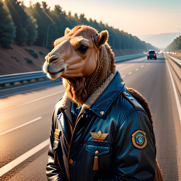 Pic d'un chameau dans une veste sur l'autoroute