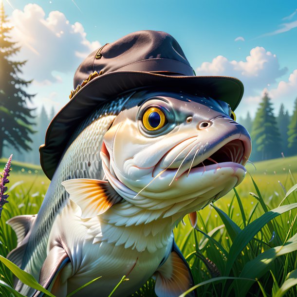 Picture of a haddock in a hat in the meadow