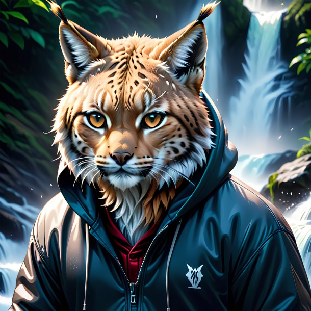 Drawing of a lynx in a hoodie in the waterfall