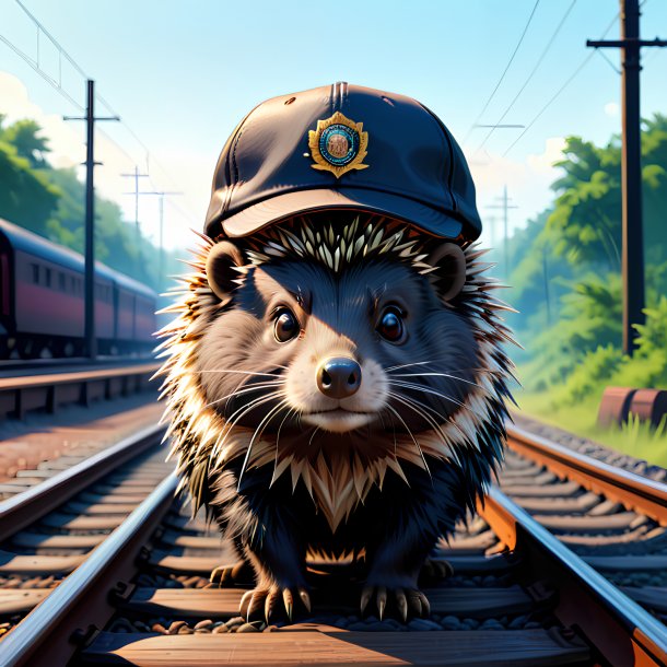 Illustration of a porcupine in a cap on the railway tracks