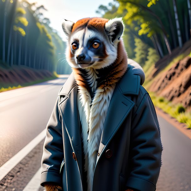 Picture of a lemur in a coat on the road