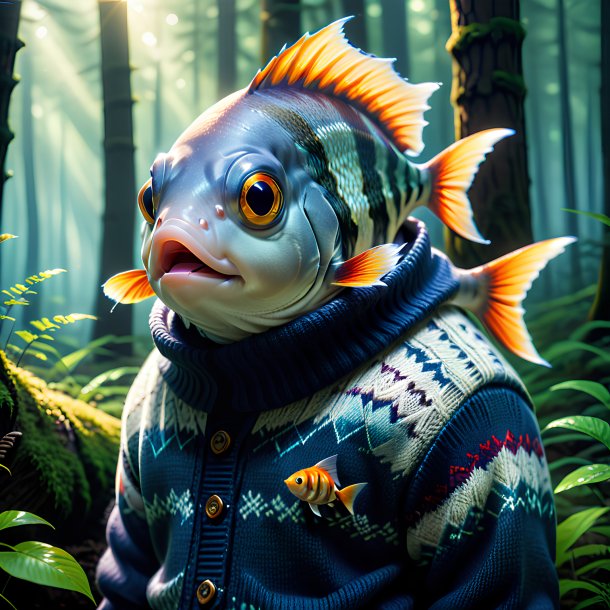 Picture of a fish in a sweater in the forest