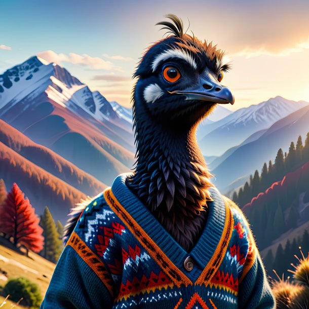 Image of a emu in a sweater in the mountains