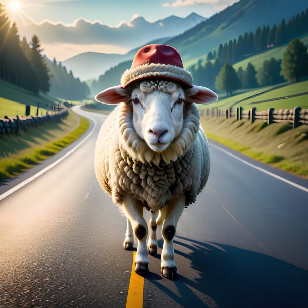 Image of a sheep in a hat on the road