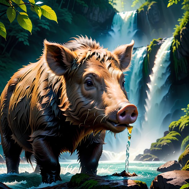 Pic of a drinking of a boar in the waterfall