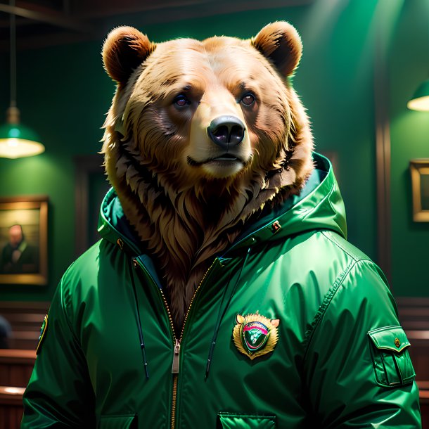 Imagem de um urso em uma jaqueta verde