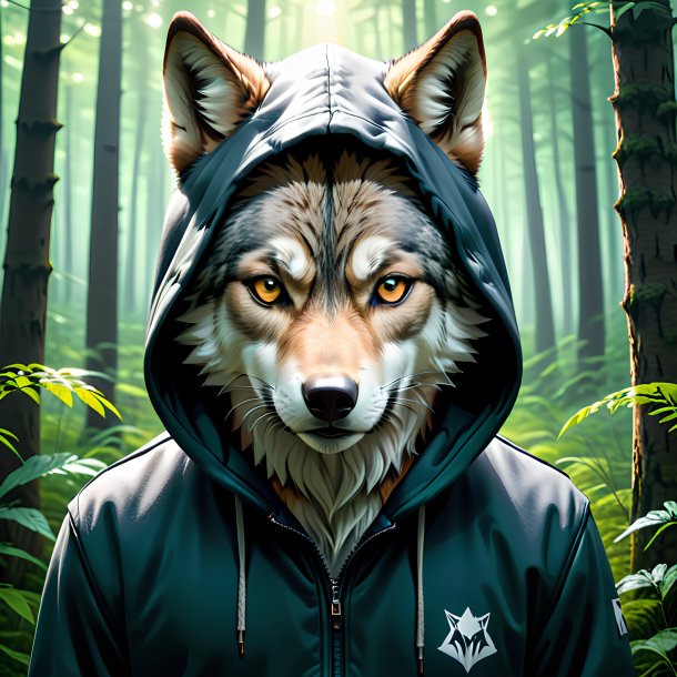 Imagem de um lobo em um hoodie na floresta