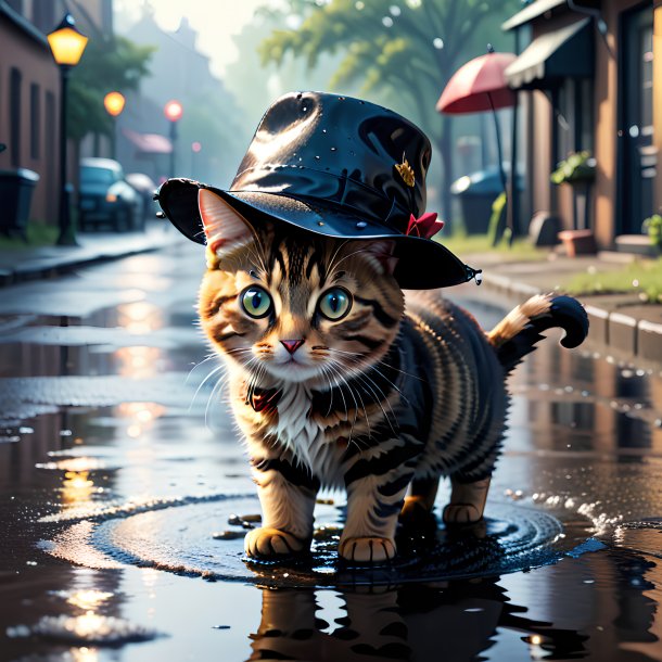 Image of a cat in a hat in the puddle