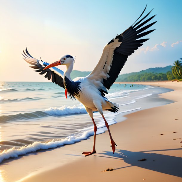 Image d'une baignade d'une cigogne sur la plage