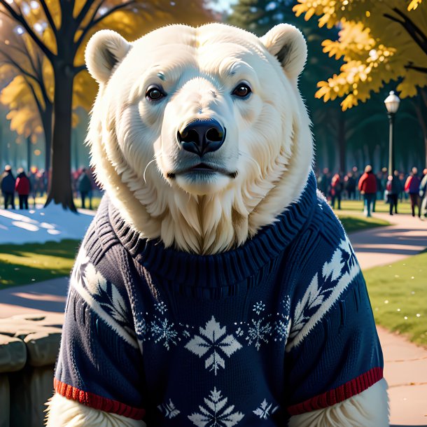 Imagen de un oso polar en un suéter en el parque