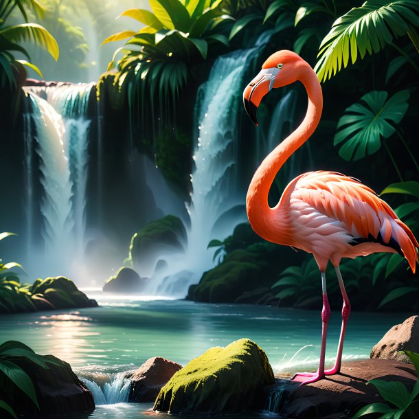 Photo of a drinking of a flamingo in the waterfall