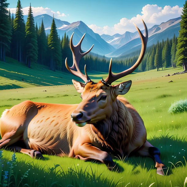 Pic d'un sommeil d'un wapiti dans la prairie