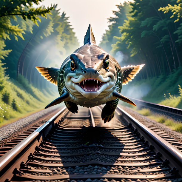 Photo of a jumping of a pike on the railway tracks