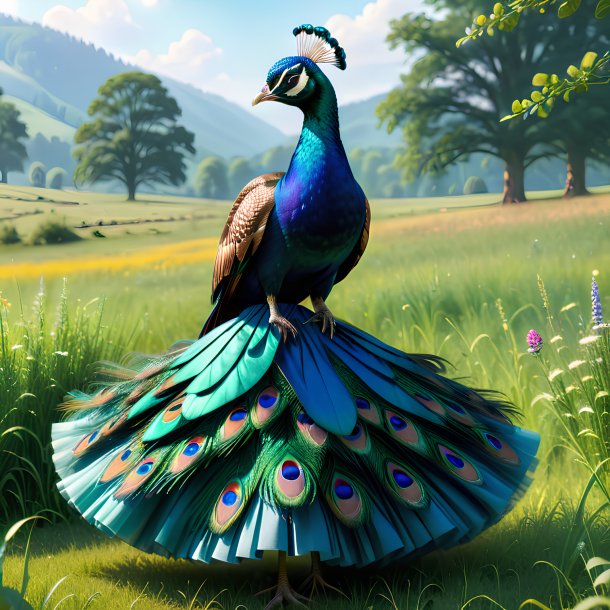 Image of a peacock in a skirt in the meadow