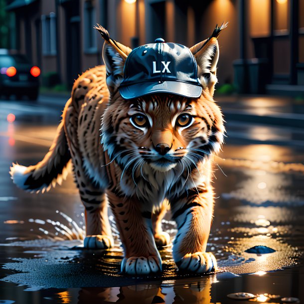 Picture of a lynx in a cap in the puddle