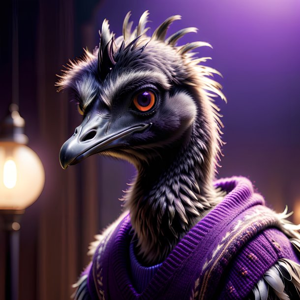 Foto de uma emu em um suéter roxo