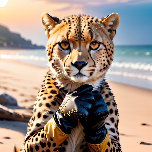 Photo of a cheetah in a gloves on the beach