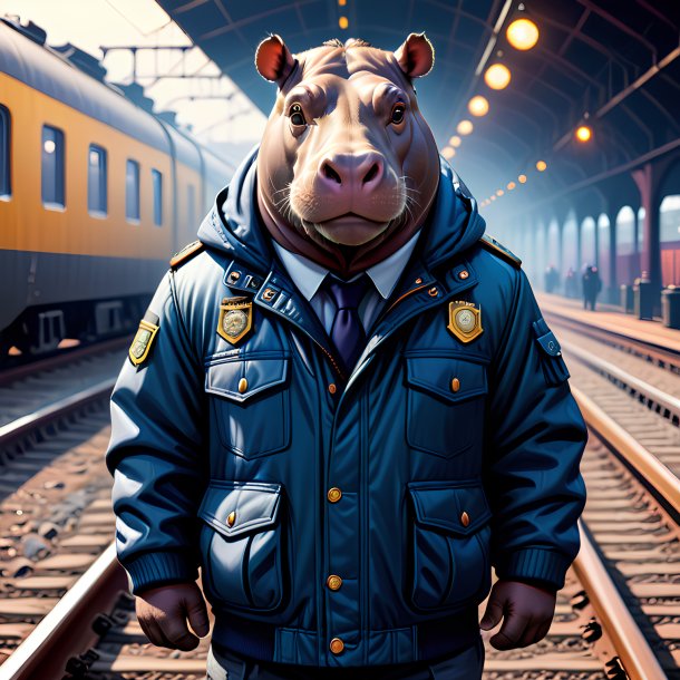 Drawing of a hippopotamus in a jacket on the railway tracks